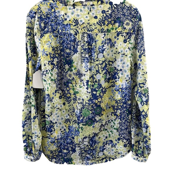 Talbots Blue Yellow White Floral Print LS Womens Top Size XS Ruffle Trim - Picture 5 of 8